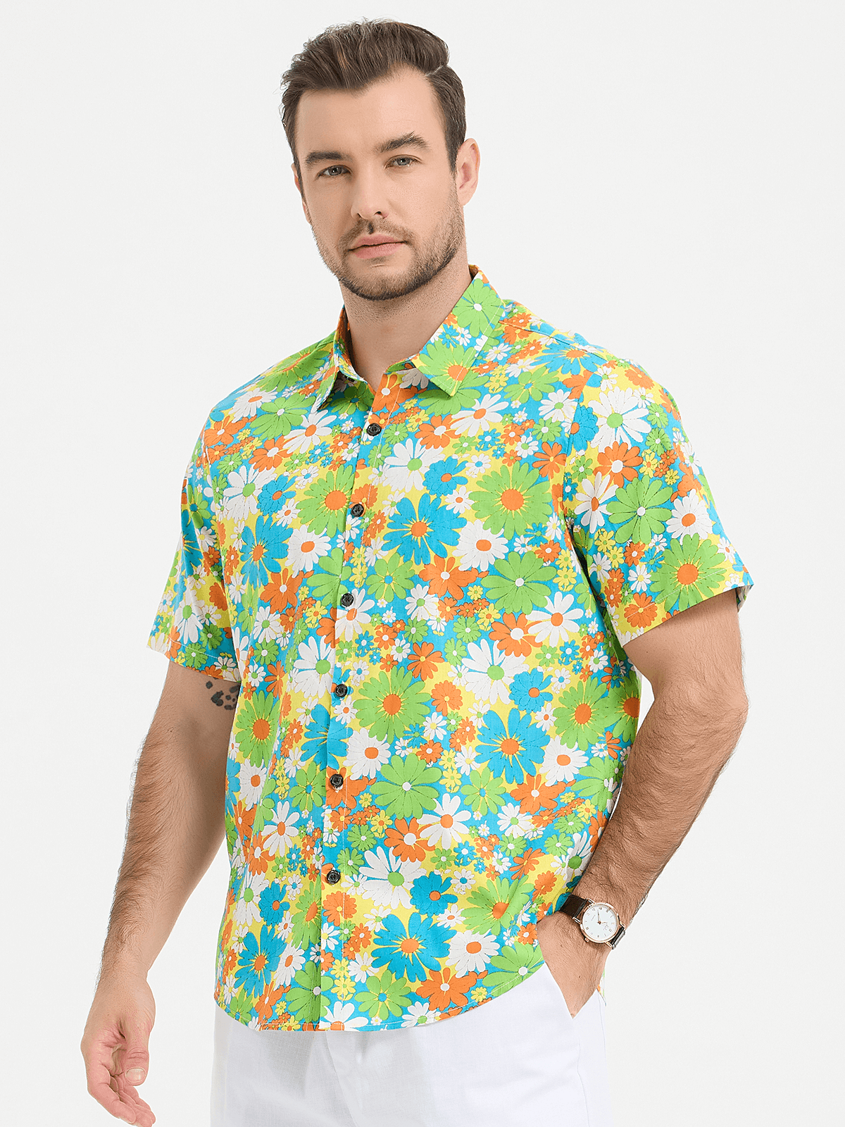Tropical Floral Cotton Hawaiian Shirt for Men
