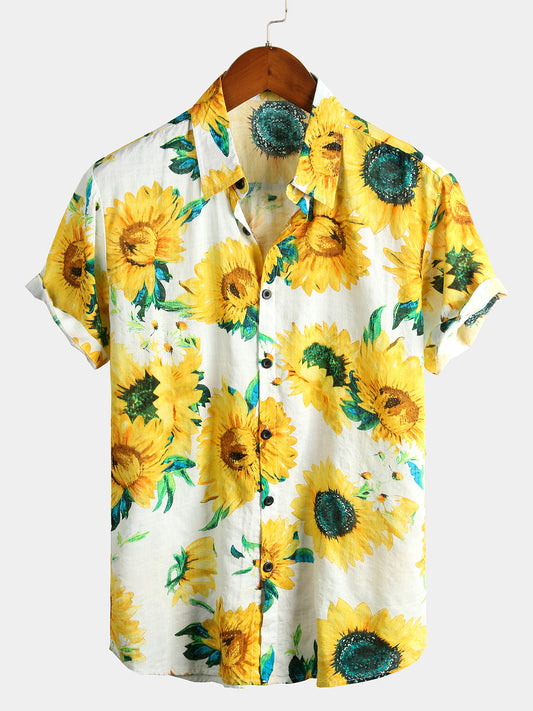 Men's Short Sleeve Hawaiian Shirt with Sunflower Print