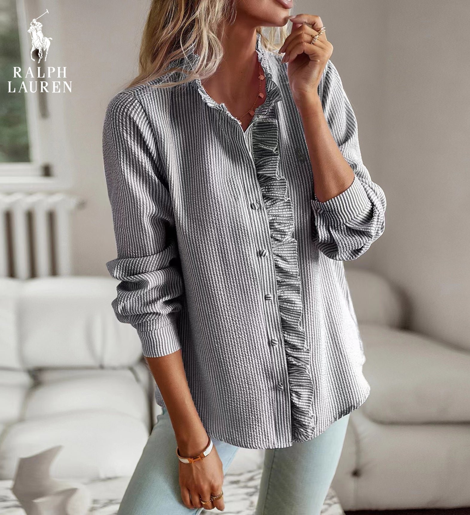 R. Lauren Blouse with Ruffles – Soft Structure & Classic Button Placket