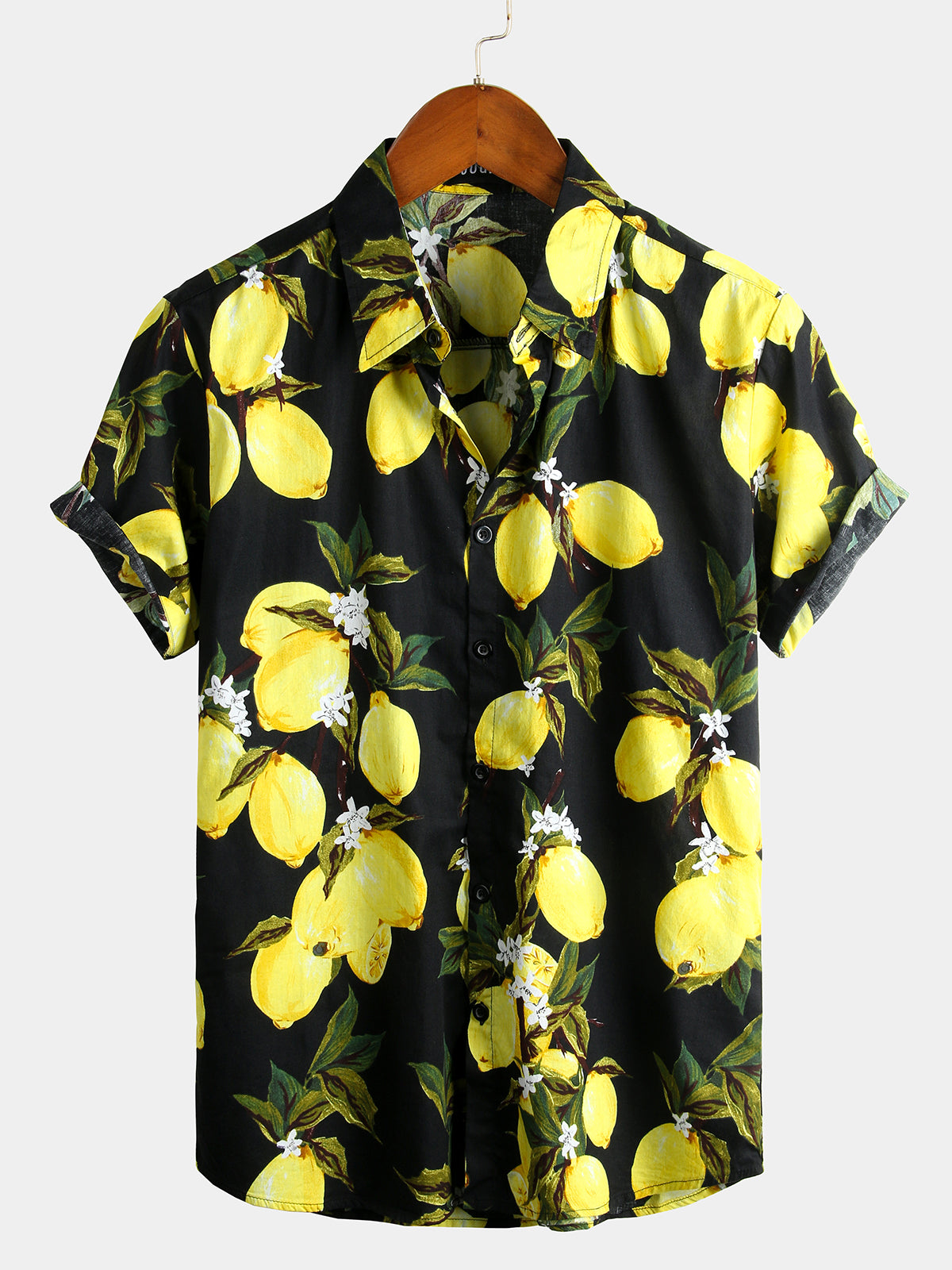 Men's Tropical Yellow Lemon Print Short Sleeve Hawaiian Shirt