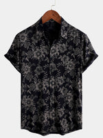 Navy Blue Hawaiian Short-Sleeve Shirt with Floral Print for Men