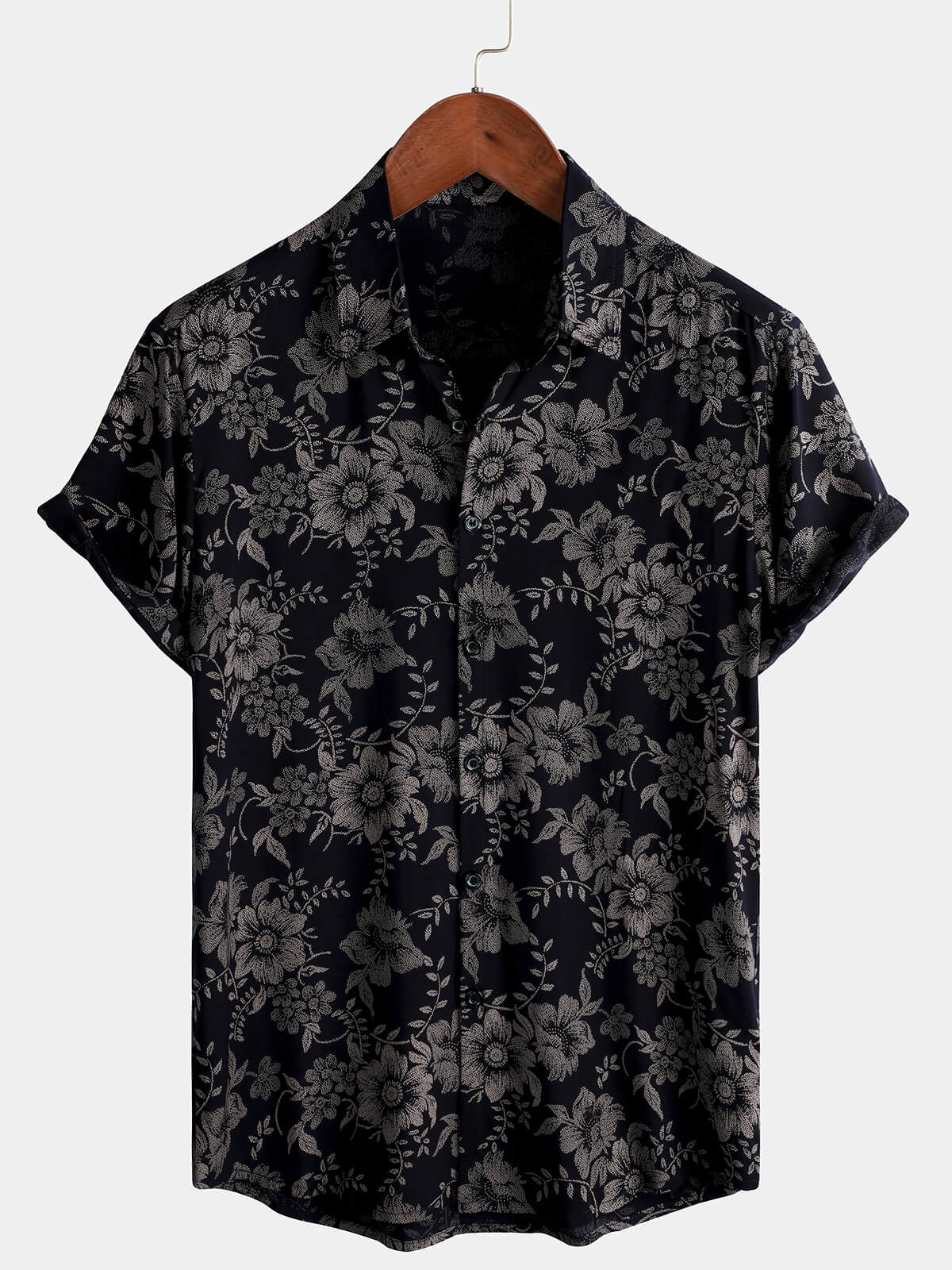 Navy Blue Hawaiian Short-Sleeve Shirt with Floral Print for Men