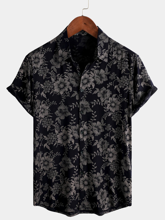 Navy Blue Hawaiian Short-Sleeve Shirt with Floral Print for Men