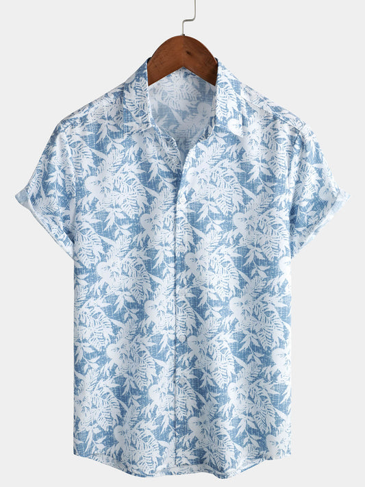 Men's Blue Short-Sleeved Button-Up Hawaiian Shirt