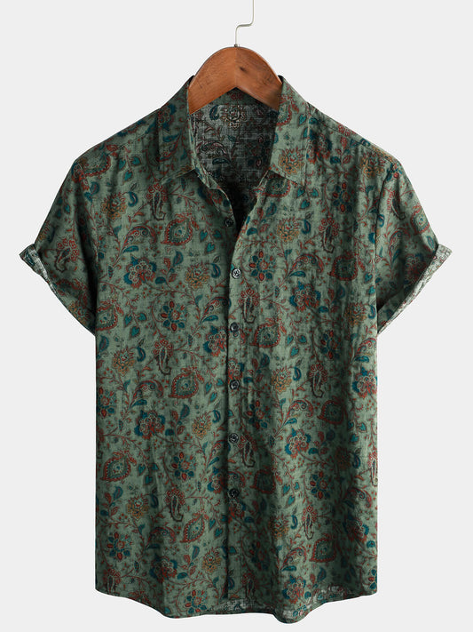 Vintage Short-Sleeved Button-Up Shirt for Men Retro 70s Paisley Pattern