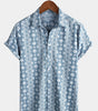 Vintage Blue Retro Button-Up Short Sleeve Cotton Shirt for Men