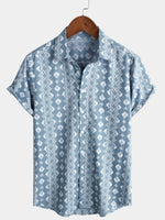 Vintage Blue Retro Button-Up Short Sleeve Cotton Shirt for Men