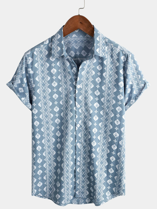 Vintage Blue Retro Button-Up Short Sleeve Cotton Shirt for Men