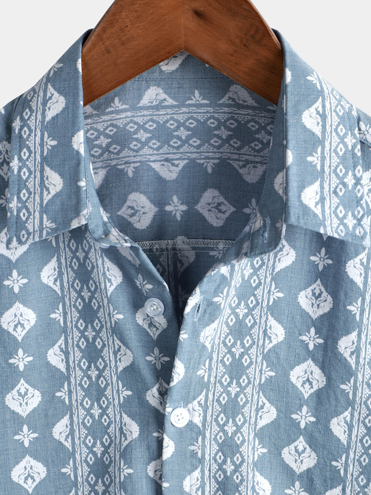 Vintage Blue Retro Button-Up Short Sleeve Cotton Shirt for Men