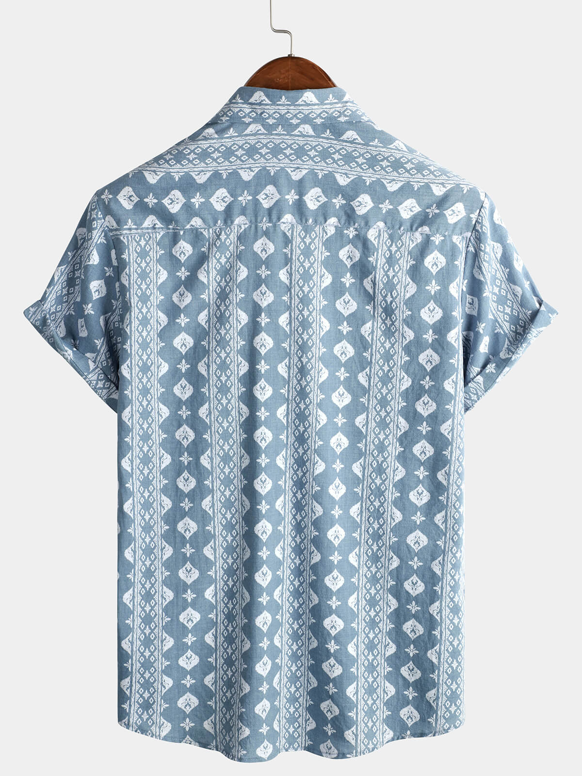 Vintage Blue Retro Button-Up Short Sleeve Cotton Shirt for Men