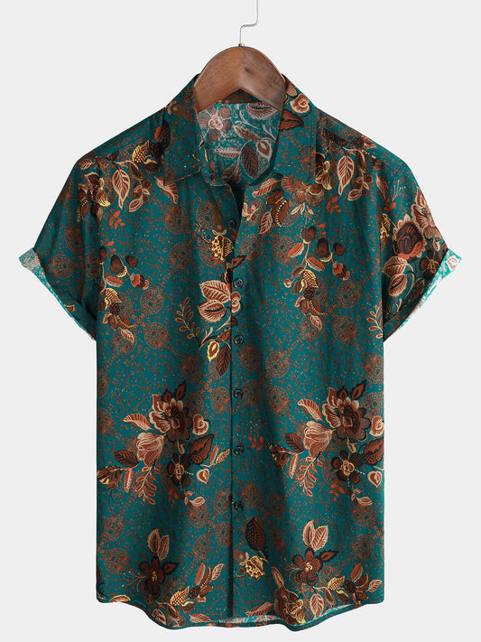 Button-up Short Sleeve Hawaiian Floral Vintage Green Cotton Shirt for Men