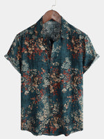 Men's Retro Floral Short-Sleeve Button-Up Cotton Shirt