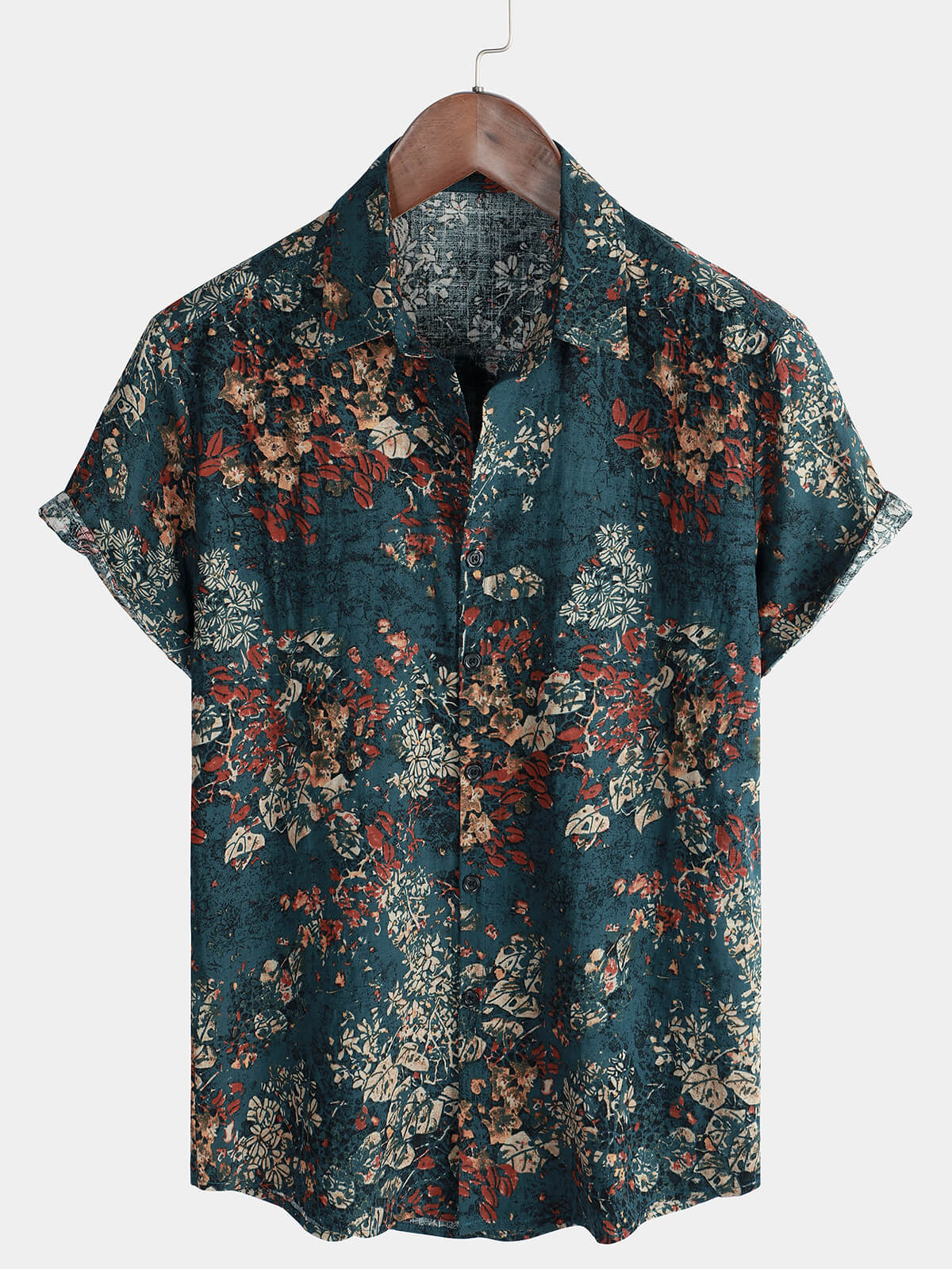 Men's Retro Floral Short-Sleeve Button-Up Cotton Shirt