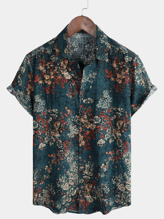 Men's Retro Floral Short-Sleeve Button-Up Cotton Shirt