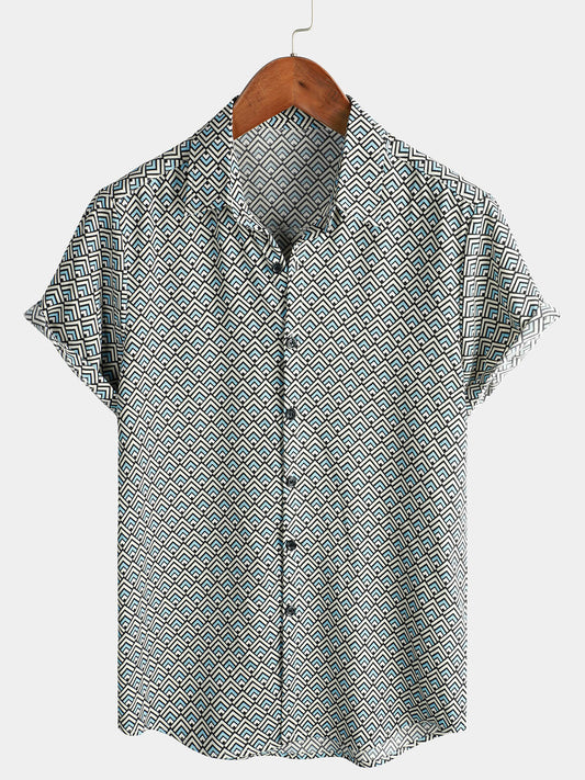 Casual Vintage Geometric Short-Sleeved Button-Up Shirt for Men