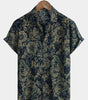 Men's Short Sleeve Green Cotton Shirt, Casual, Vintage, Floral Buttons, Holiday