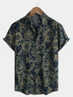 Men's Short Sleeve Green Cotton Shirt, Casual, Vintage, Floral Buttons, Holiday