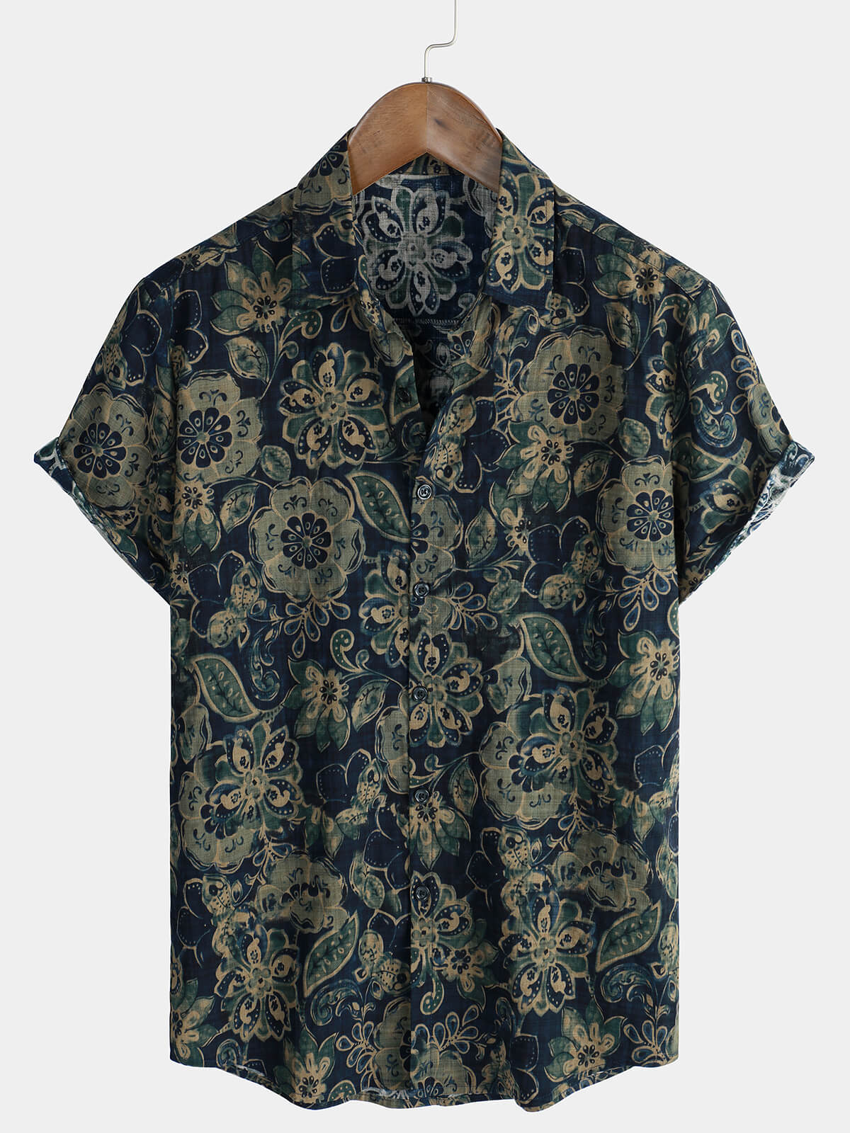 Men's Short Sleeve Green Cotton Shirt, Casual, Vintage, Floral Buttons, Holiday