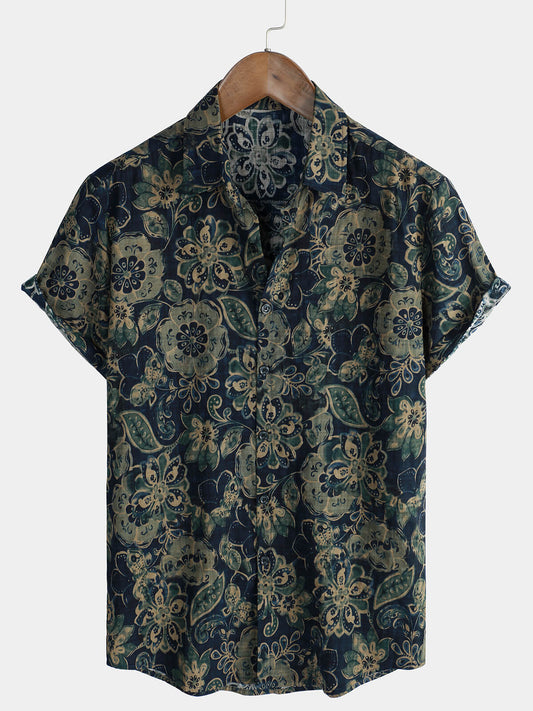 Men's Short Sleeve Green Cotton Shirt, Casual, Vintage, Floral Buttons, Holiday