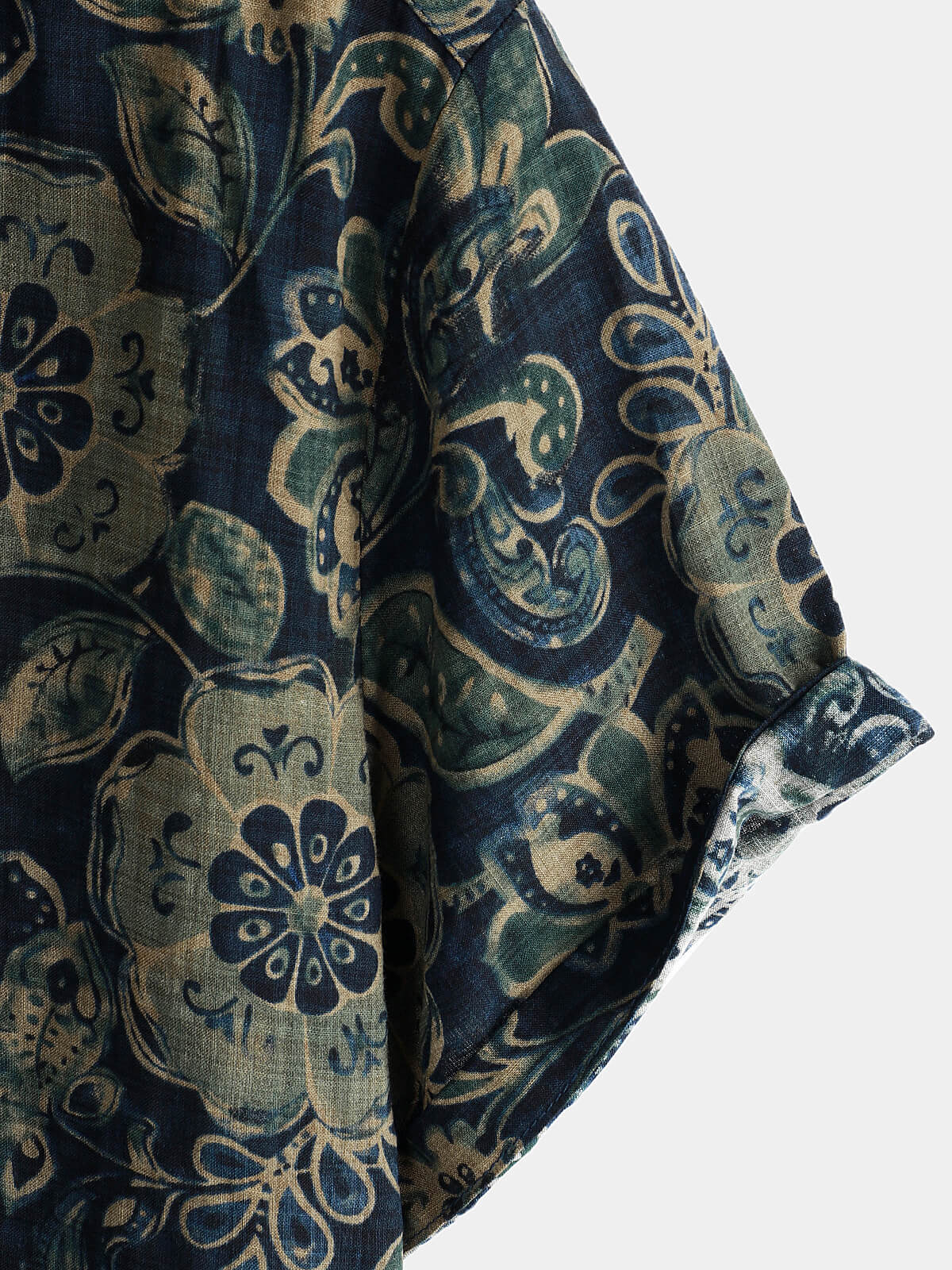 Men's Short Sleeve Green Cotton Shirt, Casual, Vintage, Floral Buttons, Holiday