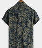 Men's Short Sleeve Green Cotton Shirt, Casual, Vintage, Floral Buttons, Holiday