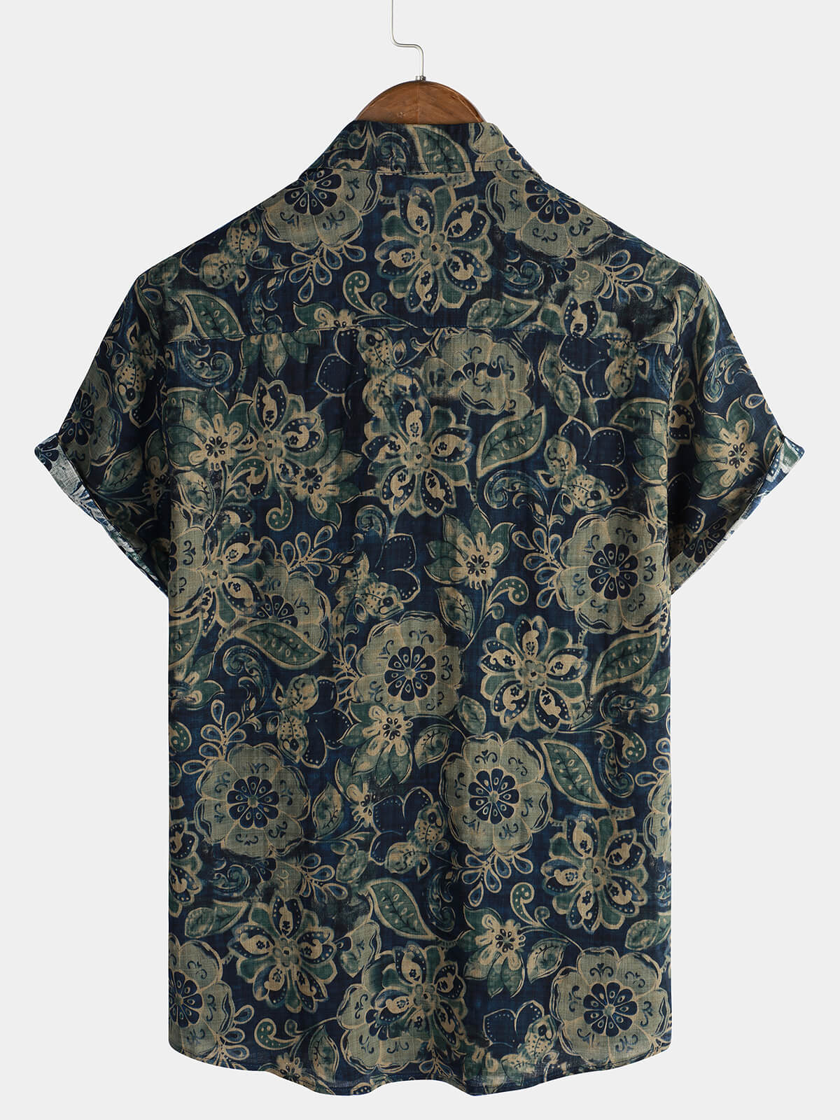 Men's Short Sleeve Green Cotton Shirt, Casual, Vintage, Floral Buttons, Holiday