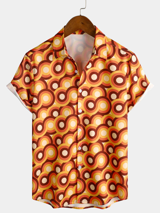 Men's Vintage 70s Orange Geometric Circle Summer Beach Short Sleeve Shirt