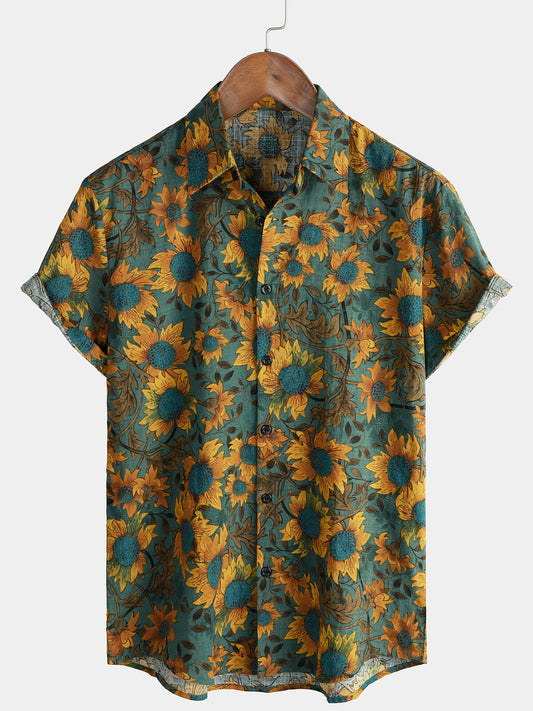 Retro Sunflower Short Sleeve Breathable Cotton Summer Shirt for Men