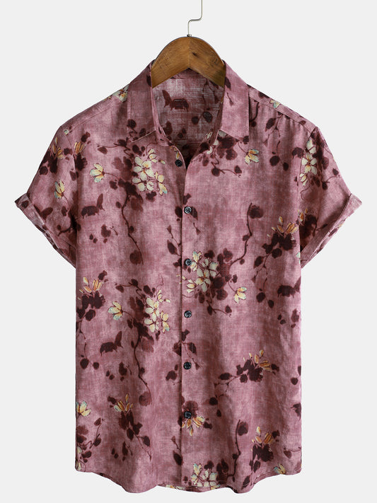 Men's Vintage Floral Short Sleeve Breathable Cotton Button-Up Shirt