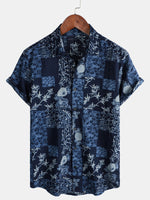 Men's Retro Navy Blue Floral Print Short Sleeve Summer Shirt