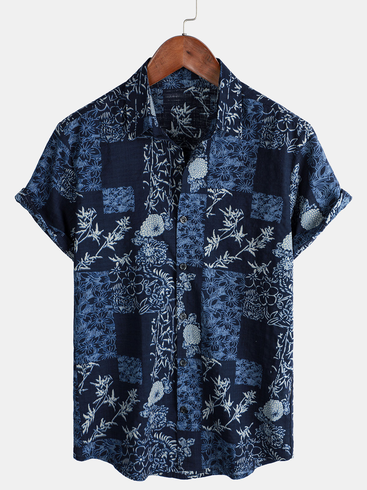 Men's Retro Navy Blue Floral Print Short Sleeve Summer Shirt