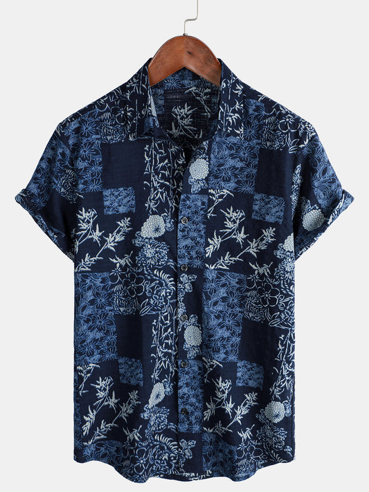 Men's Retro Navy Blue Floral Print Short Sleeve Summer Shirt