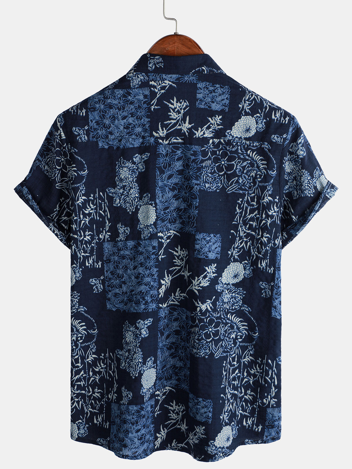 Men's Retro Navy Blue Floral Print Short Sleeve Summer Shirt