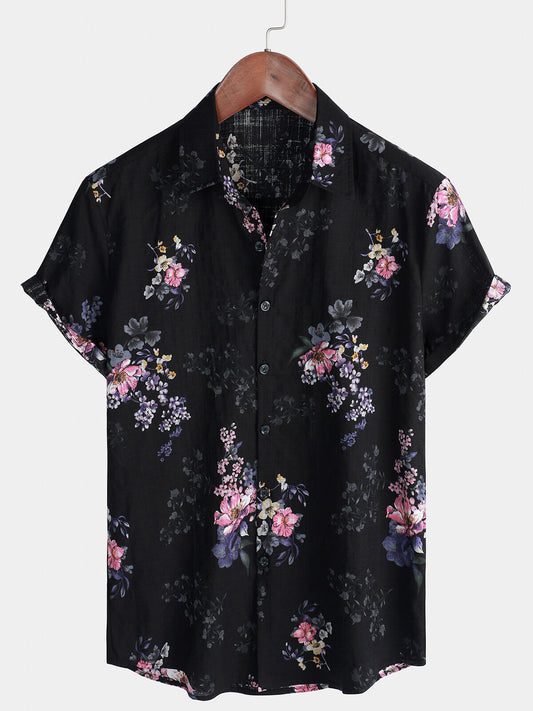 Vintage Short Sleeve Cotton Shirt with Floral Buttons for Men