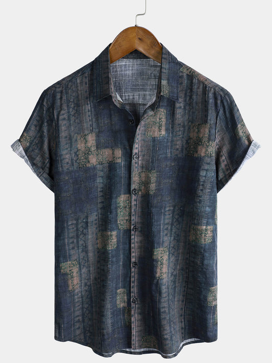 Men's Casual Short Sleeve Summer Shirt, Patchwork Print, Vintage Style