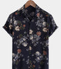 Men's Short Sleeve Rayon Shirt, Vintage, Navy Blue, Holidays, Summer, Floral Beach