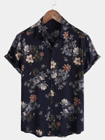 Men's Short Sleeve Rayon Shirt, Vintage, Navy Blue, Holidays, Summer, Floral Beach