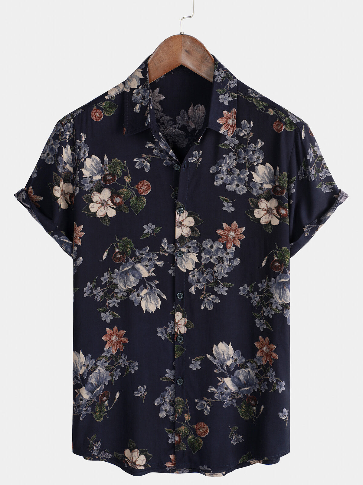 Men's Short Sleeve Rayon Shirt, Vintage, Navy Blue, Holidays, Summer, Floral Beach