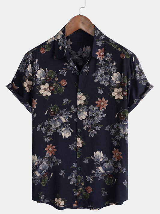 Men's Short Sleeve Rayon Shirt, Vintage, Navy Blue, Holidays, Summer, Floral Beach