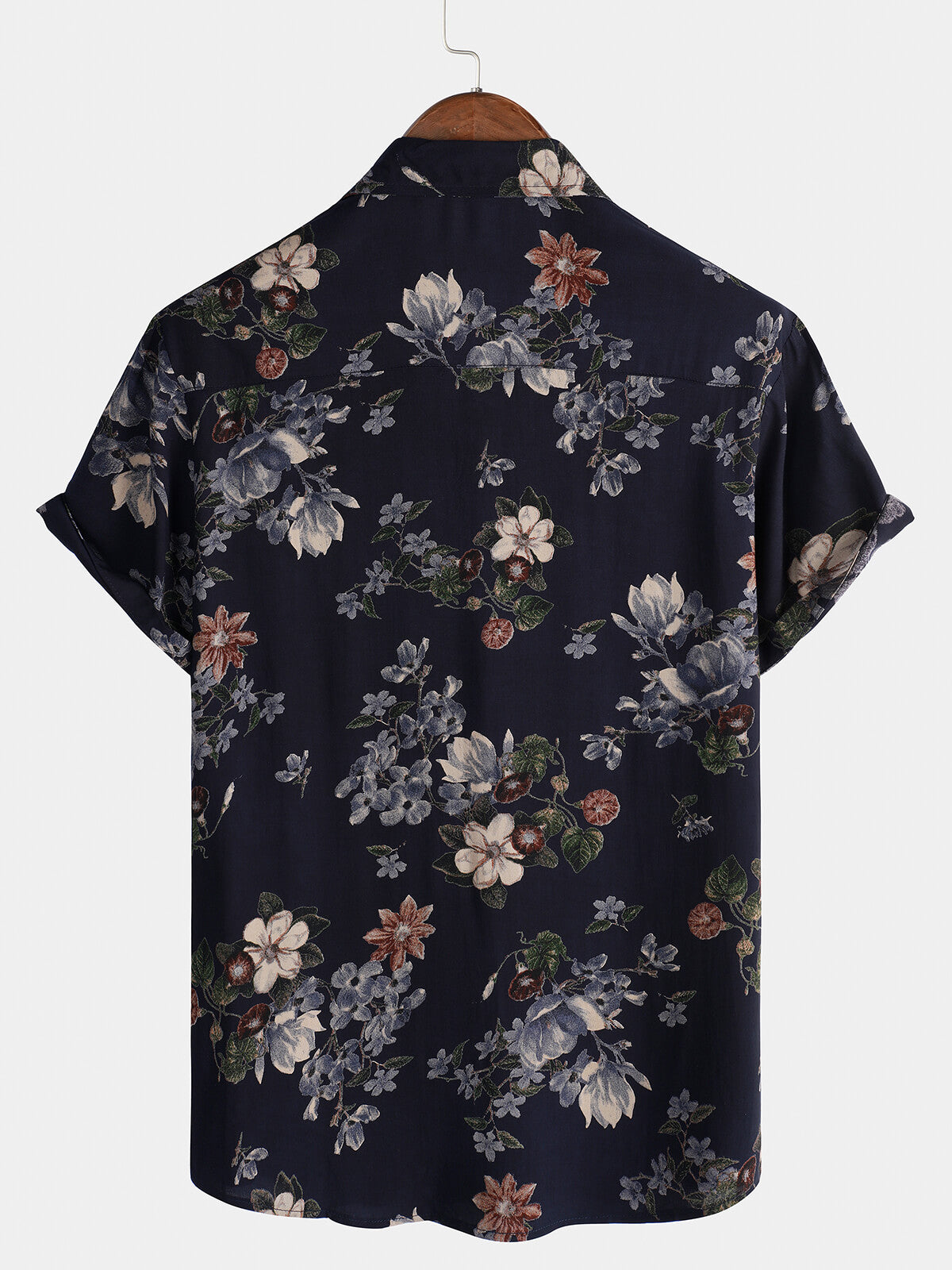 Men's Short Sleeve Rayon Shirt, Vintage, Navy Blue, Holidays, Summer, Floral Beach