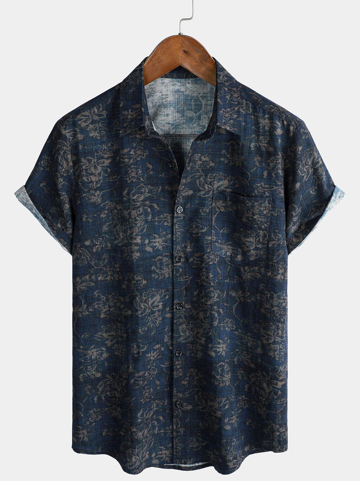 Men's Short Sleeve Summer Shirt with Retro Floral Print Pocket