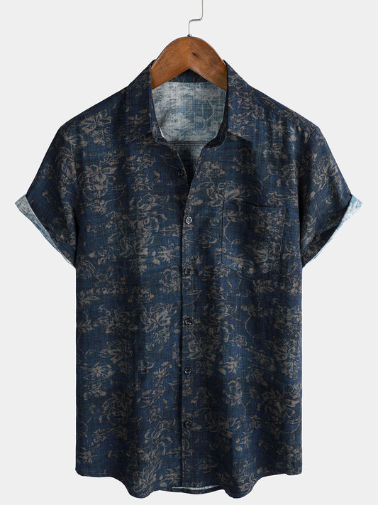 Men's Short Sleeve Summer Shirt with Retro Floral Print Pocket
