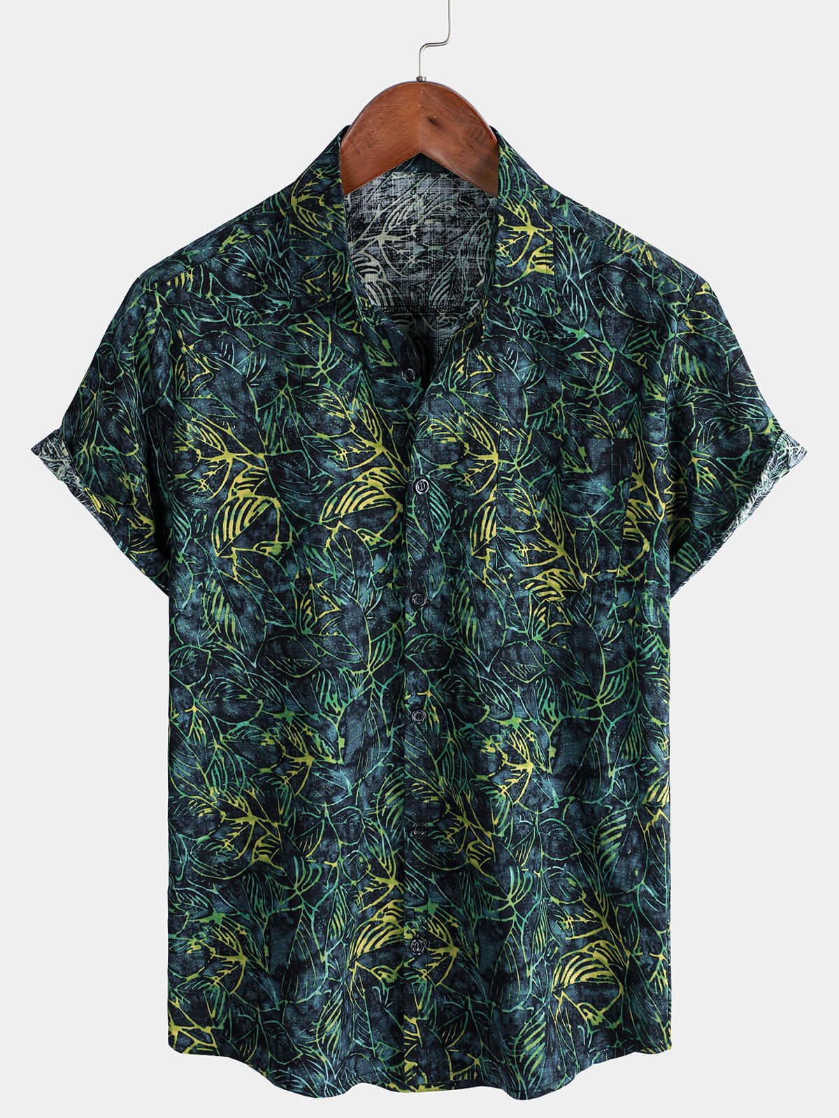 Short-Sleeved Hawaiian Shirt with Tropical Print and Pockets for Men