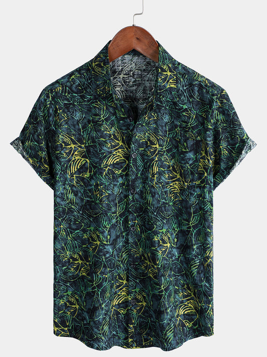 Short-Sleeved Hawaiian Shirt with Tropical Print and Pockets for Men