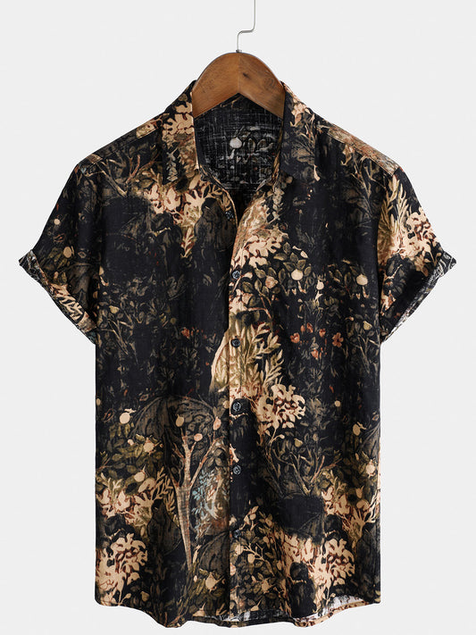 Men's Short-Sleeved Button-Up Shirt with Retro Floral Print