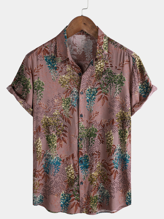 Men's Short Sleeve Summer Rayon Shirt with Retro Print