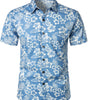 Men's Aloha Resort Short-Sleeve Button-Up Beach Shirt in Cotton with Blue Tropical Plant Leaves