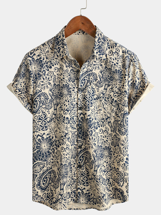 Vintage 70s Button-Up Shirt with Paisley Print and Retro Floral Pocket for Men