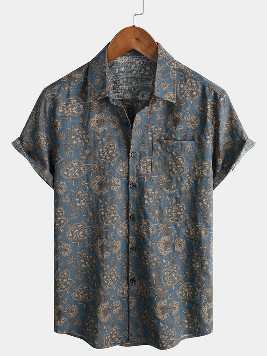 Retro Button-Up Short Sleeve Beach Shirt for Men Vintage Paisley Floral 70s