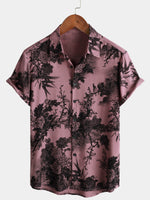 Men's Summer Hawaiian Bamboo Floral Button-Up Short Sleeve Shirt in Pink